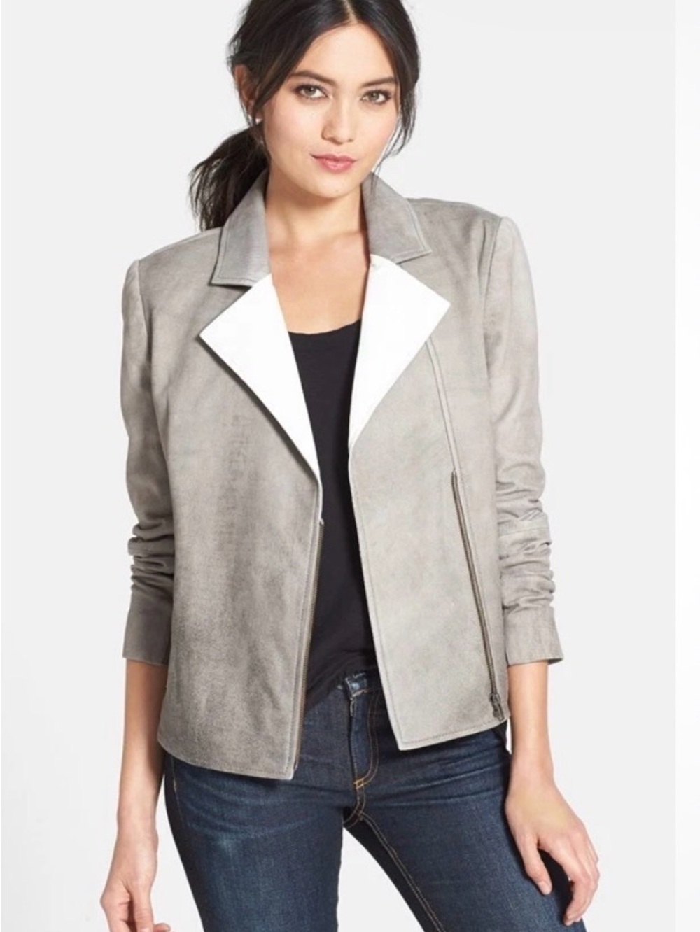 Trouve by Halogen Paper Leather Grey Suede Moto Jacket •Rare•